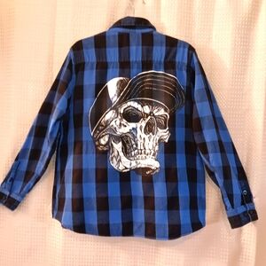 Blue and Black Checkered Skull Graphic Men's Shirt